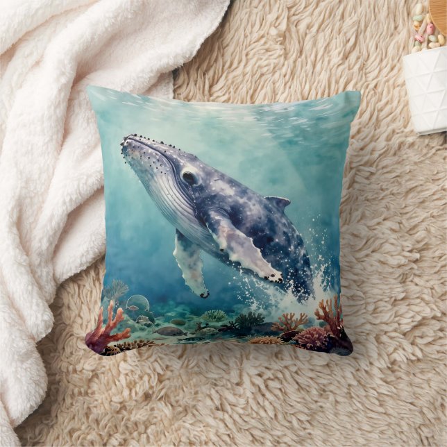 Oceanblauwe walvis aquarel kustkunst kussen (Deken)