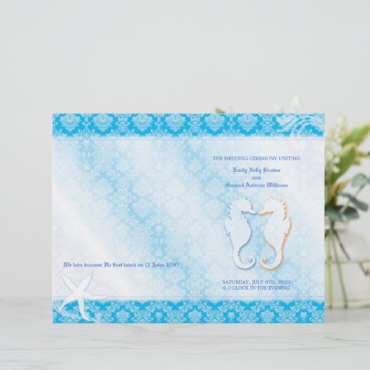 Oceanfront Seahorse Blue Wedding Bi Fold Programme (Staand voorkant)