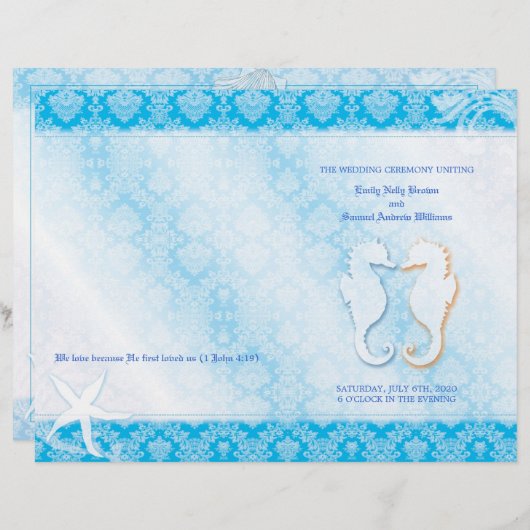 Oceanfront Seahorse Blue Wedding Bi Fold Programme (Voorkant / Achterkant)