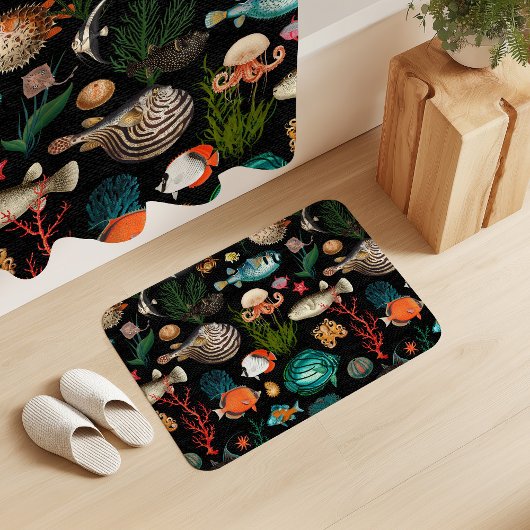 Oceania Colorful Fishes on Black Background Badmat