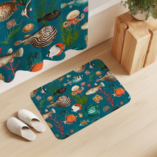 Oceania Colorful Fishes on Teal Blue Background Badmat