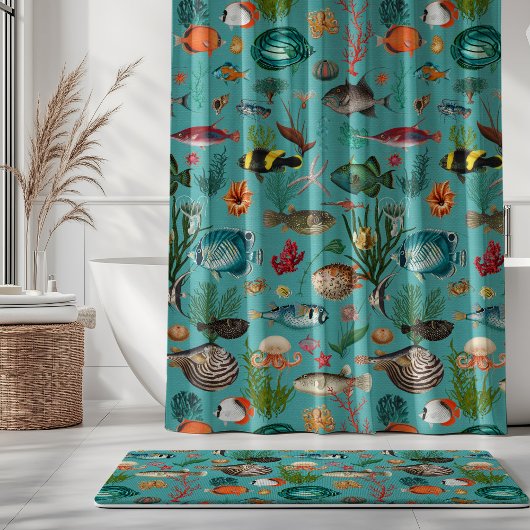 Oceania Colorful Fishes on Turquoise Background Douchegordijn