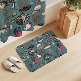 Oceania Fuchsia Grey Fishes on Blue Background Badmat