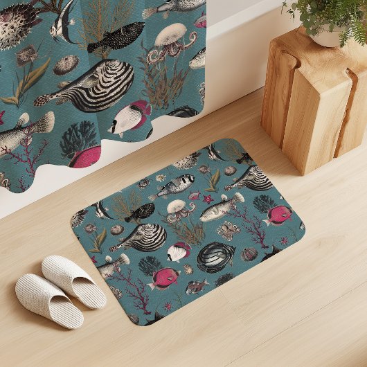 Oceania Fuchsia Grey Fishes on Blue Background Badmat