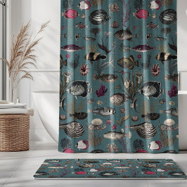 Oceania Fuchsia Grey Fishes on Blue Background Douchegordijn