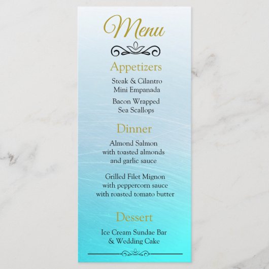 Oceanic Beach Thema Aqua Blue Bruiloft Menu Kaart (Voorkant)