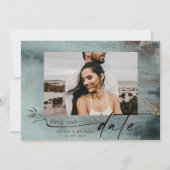 Oceanic Blauwgroen Waterverf met Gold Photo Save t The Date (Voorkant)