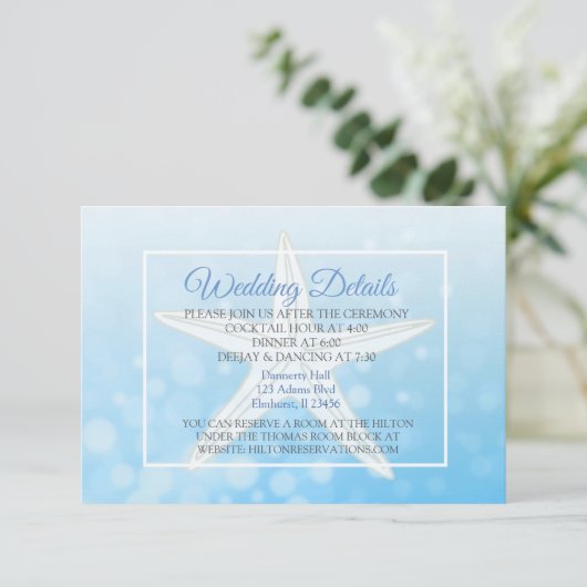Oceanic Blue Bubbles Starfish Wedding Details Kaar Informatiekaartje (Staand voorkant)