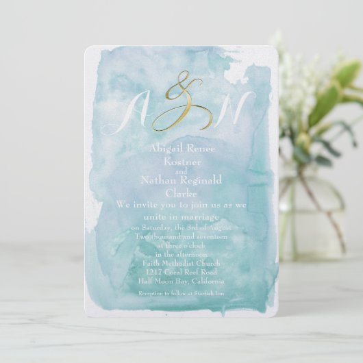 Oceanic Blue Waterverf huwelijksuitnodiging Kaart (Staand voorkant)
