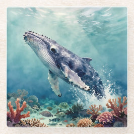 Oceanic Blue Whale Watercolor Coastal Art Glazen Onderzetter