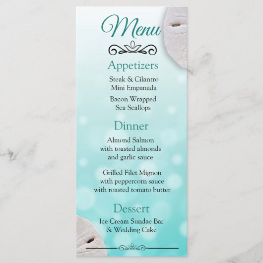 Oceanic Sand Dollar Aqua Blauwgroen WeddenMenu Car Menu (Voorkant)