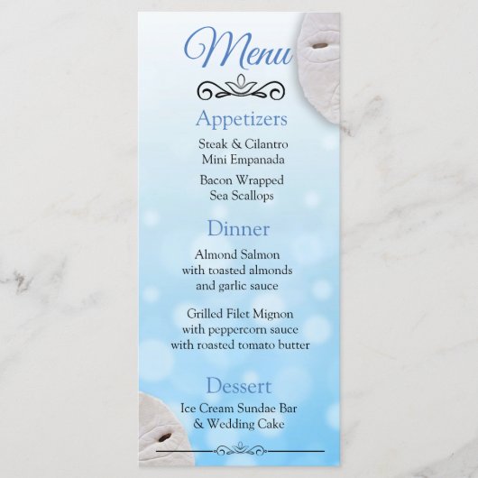 Oceanic Sand Dollar Aqua Blue Wedding Menu Card (Voorkant)