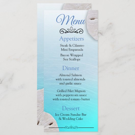 Oceanic Sand Dollar Aqua Blue Wedding Menu Card (Voorkant / Achterkant)