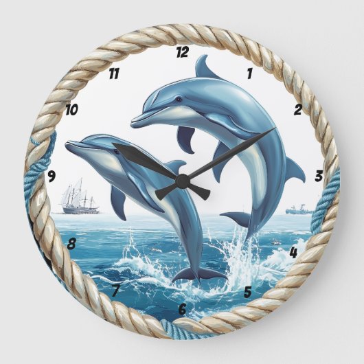 Oceanische Dans Dolfijn Springen met Touw Lijst Grote Klok (Voorkant)