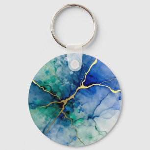 Oceanische Geode Alcohol Inkt Gouden Aderen Sleutelhanger
