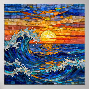Oceanische kust oceaan golven zonsondergang poster
