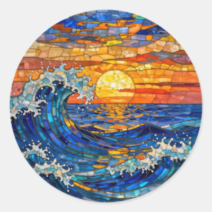 Oceanische kust oceaangolven zonsondergang ronde sticker