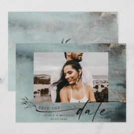 Oceanische Turquoise Waterverf met Gouden Foto Sav Save The Date