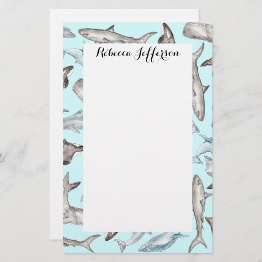 Oceanische Waterverf Vissen in Blauwe Zwarte Grijs Briefpapier (Voorkant / Achterkant)