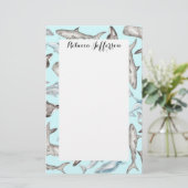 Oceanische Waterverf Vissen in Blauwe Zwarte Grijs Briefpapier (Staand voorkant)