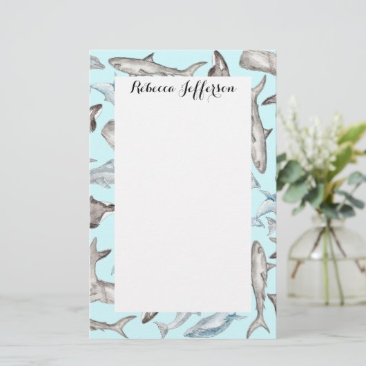 Oceanische Waterverf Vissen in Blauwe Zwarte Grijs Briefpapier (Staand voorkant)