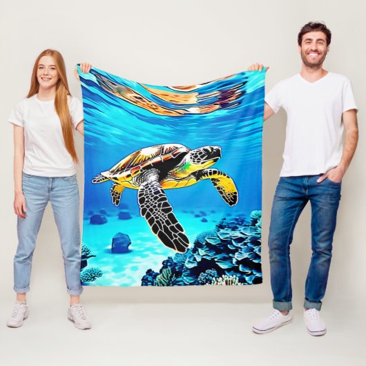 Ocean's Embrace: Zee Turtle's Journey Fleece Deken (In situ)