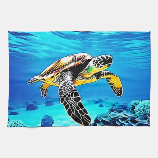 Ocean's Embrace: Zee Turtle's Journey Theedoek (Horizontaal)