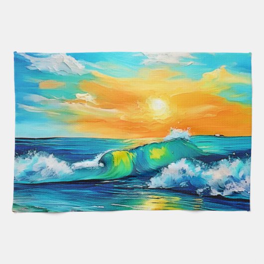 Ocean's Kiss: Sunset Waves Theedoek (Horizontaal)