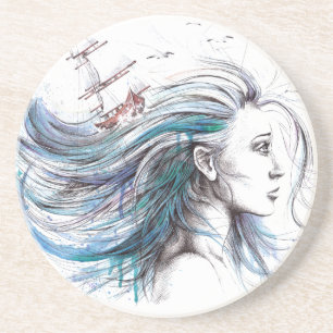 Oceans meisje Nautical Surreal Waterverf kunst Zandsteen Onderzetter