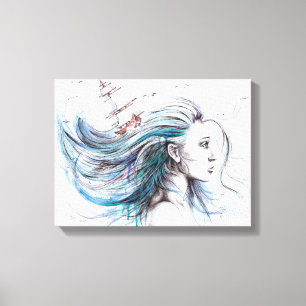 Oceans meisje Nautilus Surrealistische Schilderkun Canvas Afdruk