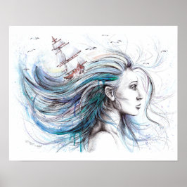 Oceans meisje Nautilus Surrreal Schilderkunst kuns Poster