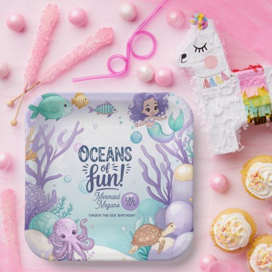 Oceans of Fun Zeemeermin Verjaardag V1 ID1142 Papieren Bordje (Feest)