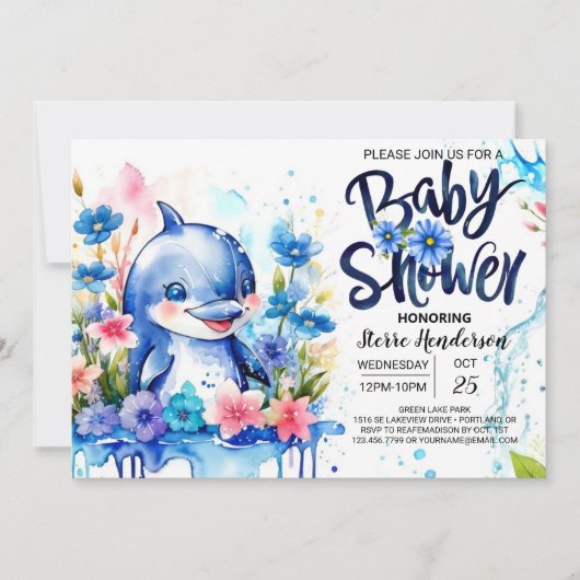 Ocean's Symphony: Dolfijn-thema Boy Baby shower Kaart (Voorkant)