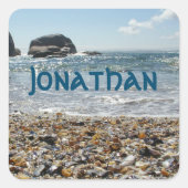 Oceanschelpen Foto Blauwe Naam Tekst Vierkante Sticker (Voorkant)