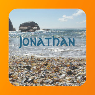 Oceanschelpen Foto Blauwe Naam Tekst Vierkante Sticker