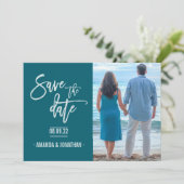 Oceanside kleur Strand Bruiloft Save the Date foto (Staand voorkant)