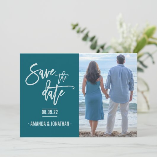Oceanside kleur Strand Bruiloft Save the Date foto (Staand voorkant)