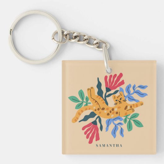 Ocelot Kitty Cat & Matisse bladeren Sleutelhanger (Voorkant)