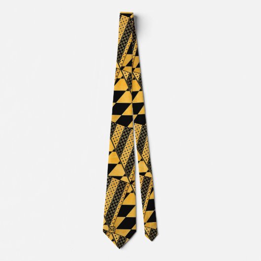 Ocher Black Geometric Pattern Monogram Stropdas (Voorkant)