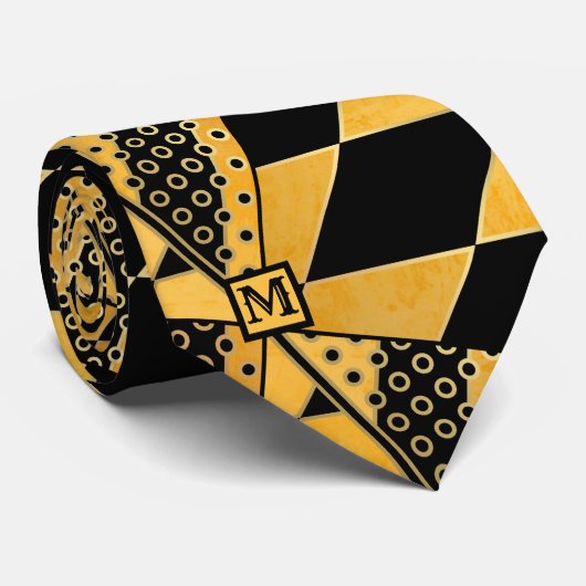 Ocher Black Geometric Pattern Monogram Stropdas (Opgerold)