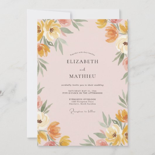 Ochre Abrikoos Wilde Bloemen Bruiloft Kaart (Voorkant)