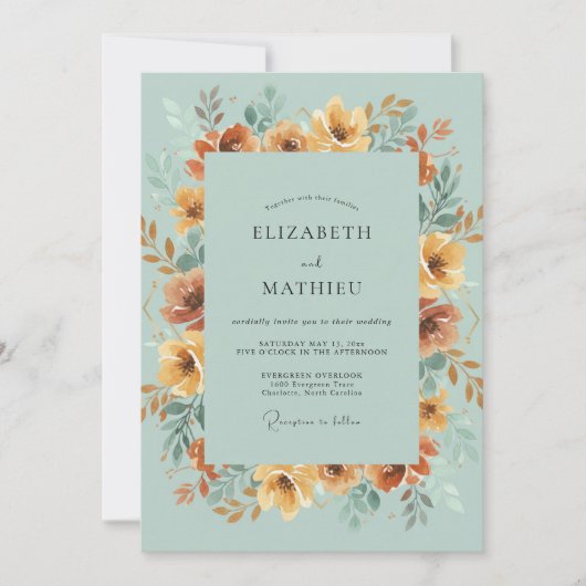 Ochre Aqua Wilde Bloemen Bruiloft Kaart (Voorkant)