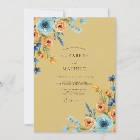 Ochre Azure Ranunculus Stof Eucalyptus Bruiloft Kaart (Voorkant)