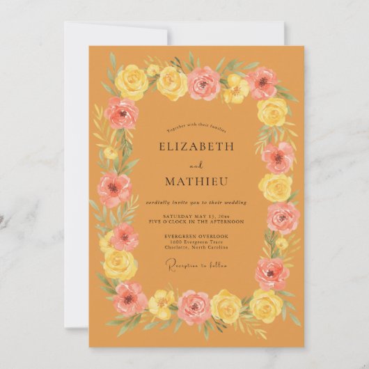Ochre Bloemblad Roze Rozen Bruiloft Kaart (Voorkant)