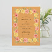 Ochre Bloemblad Roze Rozen Bruiloft Kaart (Staand voorkant)