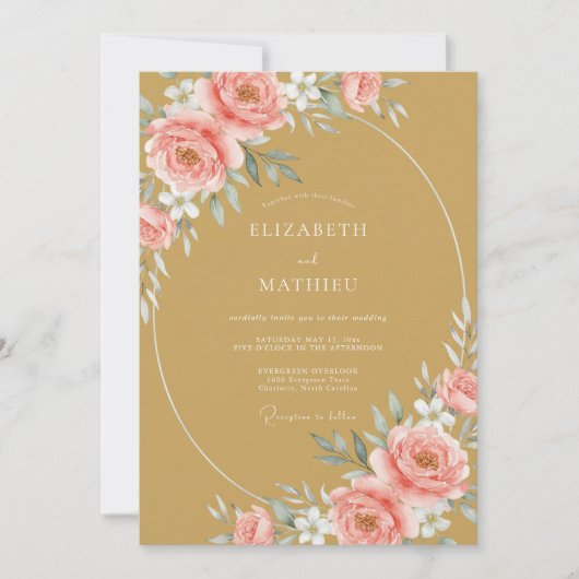 Ochre Blush Pioen Huwelijk Kaart (Voorkant)