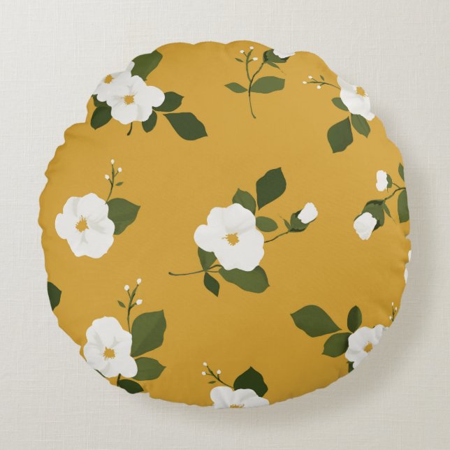 Ochre Floral-ronde gooit kussen met witte bloemen (Voorkant)
