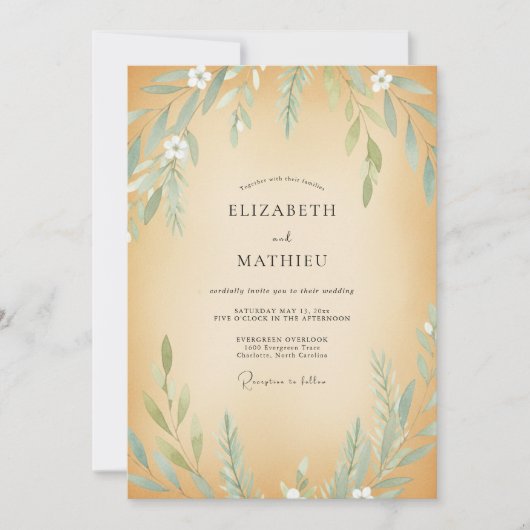 Ochre Olijf Loof Eucalyptus Bruiloft Kaart (Voorkant)