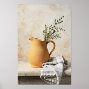 Ochre Pitcher en Blauw Gestreepte Linnen Stilleven Poster