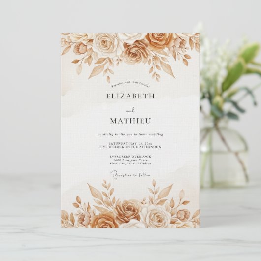 Ochre Rustic Botanical Wedding Kaart (Staand voorkant)